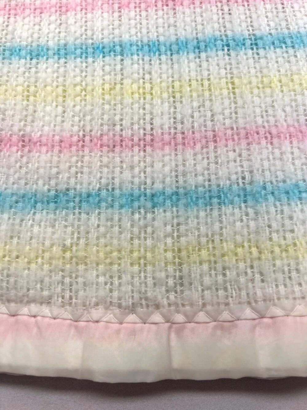 Vintage Baby Blanket Pastel Stripes Nylon Trim Waffle Weave Acrylic